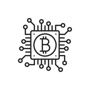 Bitcoin mining chain cryptocurrency data center isolated outline icon. Vector square block connected by circuits, crypto transactions, trade and investment. Digital money exchange, data center