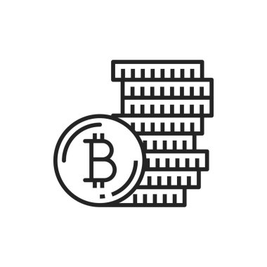 Bitcoin pile of coins isolated outline sign. Vector symbol of letter B cryptocurrency sign, metal crypto bit-coin object and pile of digital virtual money. Stack of currency line art investment payment