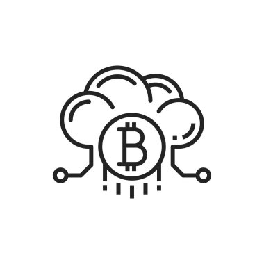 Bitcoin cloud storage, mining chain cryptocurrency isolated outline icon. Vector digital money exchange data center. Crypto transactions, trade and investment, cyber space and money transfers