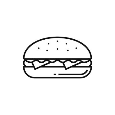 Fastfood cheeseburger isolated takeaway food outline icon. Vector line art hamburger with sesame bun, cheese and beef meat, lettuce leaves. Fastfood takeaway snack, street food burger with meat