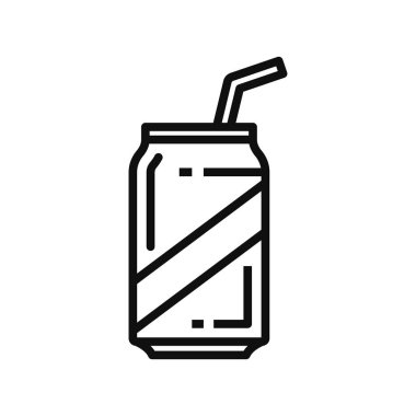 Soda drink in can bottle with straw isolated linear icon. Vector juice in tin container, fastfood takeaway beverage thin line. Hand drawn cola with straw in aluminium cap, takeout refreshment drink