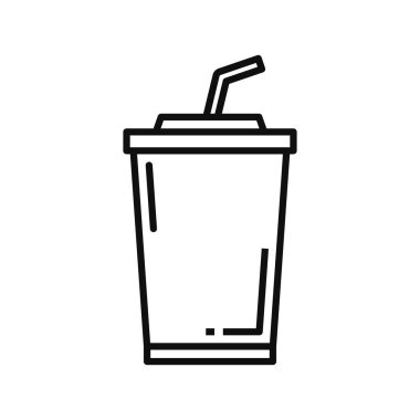 Cola drink cup with lid and straw isolated outline icon. Vector takeaway cola, milkshake or juice fast food beverage. Takeout drink, street food ice coffee, glass with lid and straw, refreshing drink