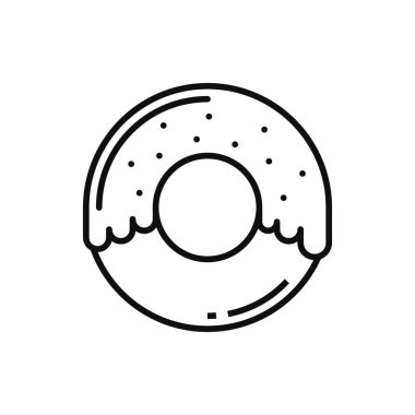 Donut with sprinkles, topping isolated outline icon. Vector iced glazed donut with topping, line art strawberry or chocolate dessert. Fastfood snack, pastry food in black and white, fresh bakery