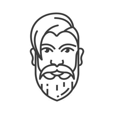 Retro male hair style isolated man head with beard and moustaches monochrome icon. Vector vintage hairstyle, hipster head with old hairdo template, barbershop salon trendy haircut mockup line art