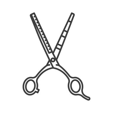 Retro toothed hair cutting scissors isolated outline icon. Vector professional barber accessory to cut hair, barbershop instrument. Old half open silver scissors, hairdressing cutting tool line art