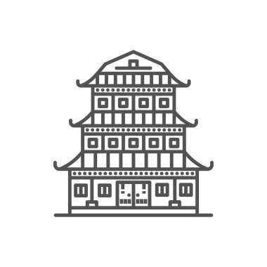 Chinese pagoda tower isolated outline icon. Vector hand drawn oriental palace, eastern wooden structure, tourist place of interest or sightseeing. Japanese pagoda, ancient asian temple, landmark