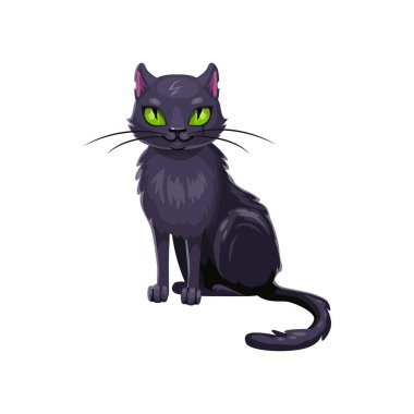 Cat icon, Halloween creature isolated vector. Black kitten with green eyes, witch pet