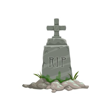 Tombstone and cross icon, grave and grass. Vector Halloween isolated object, cemetery RIP