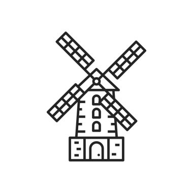 Windmill isolated wheat factory monochrome icon. Vector farming strong mill object
