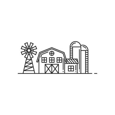 Farmland isolated rural buildings icons. Vector windmill and grain storage barn house, agriculture