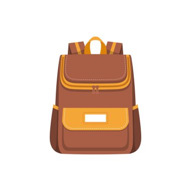 Backpack school bag or back pack rucksack and schoolbag, vector icon. Isolated flat brown backpack with yellow pocket and handle straps, travel luggage, hiking tourism and college student carryon bag