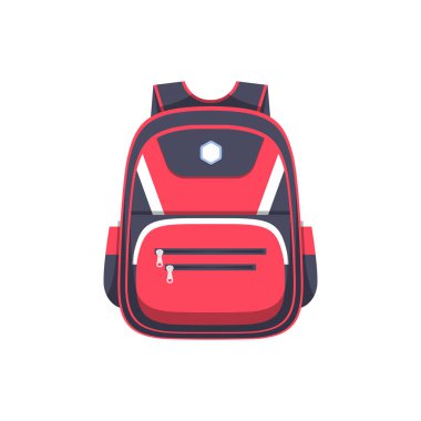 Backpack bag or travel back pack, school and sport rucksack, vector flat icon. Red backpack for camping, hiking and trekking, schoolbag suitcase, kids and expedition carryon accessory bag with pockets
