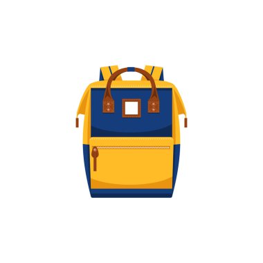 Backpack bag or back pack with handles, handbag or school rucksack, vector flat icon. Yellow schoolbag with blue pockets, modern travel luggage bag or carry on backpack of leather and textile