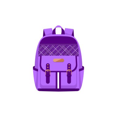 Backpack bag or back pack rucksack, purple luggage or schoolbag, vector flat icon. Modern girl or women backpack or kid school bag and travel luggage knapsack with pockets