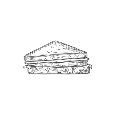 Toast bread with meat and cheese isolated sandwich sketch monochrome icon. Vector toast hand drawn sign, grilled triangle bread, fastfood takeaway meal drawing. Homemade food snack, takeout meal