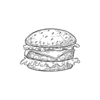 Cheeseburger fastfood snack isolated hamburger icon monochrome sketch. Vector american bun with meat and salad. Takeout object, street food takeaway junkfood hamburger or cheeseburger symbol