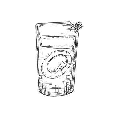 Doypack with corner butcher lid, pouch bag with ketchup, mayonnaise or mustard monochrome sketch icon. Vector pouch mockup with sauce or baby food, condensed milk, yogurt or cosmetics packaging