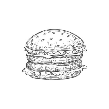 Cheeseburger fastfood snack isolated hamburger monochrome sketch icon. Vector street food, bun with cheese, beef and vegetables, lettuce leaves. Burger takeaway food, cheeseburger in black and white