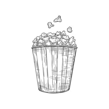 Bucket of popcorn isolated fast food snack monochrome sketch icon. Vector sugared or salted baked corn in package, container with pop-corn. Fastfood snack, popcorn bucket, street takeout food box