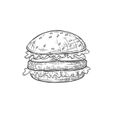 Fastfood cheeseburger isolated takeaway food monochrome sketch icon. Vector fastfood takeaway snack, street food burger with meat. Hamburger with sesame bun, cheese and beef meat, lettuce leaves.