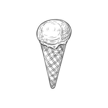 Sketch ice cream in waffle cone isolated dessert monochrome sketch icon. Vector fastfood snack, refreshing cold takeaway takeout food. Summer dessert, creamy vanilla, chocolate ice-cream in wafer cone