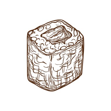 Sushi roll sketch, hosomaki or uramaki, Japanese cuisine food, vector. Hosomaki sushi roll with seafood or fish in rice, Japanese sushi restaurant menu icon, isolated hand drawn food