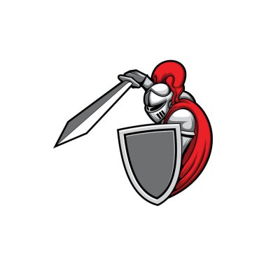 Knight with sword and shield ready to attack isolated medieval armour in red cloak. Vector medieval warrior mascot in heavy costume, helmet with feathers. Noble knight, hero in mask fighting at battle