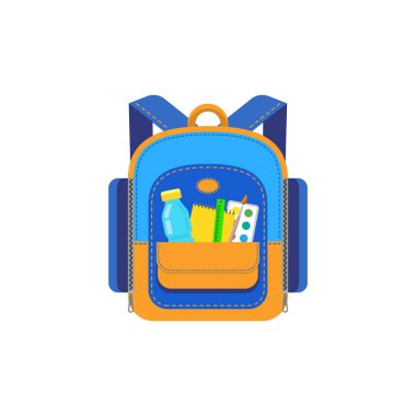 School backpack with stationery isolated icon. Vector rucksack, school supplies, notebook and ruler, bottle and paints, brush. Education and study back to school, schoolbag luggage, rucksack