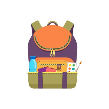Rucksack with stationery items, back to school item isolated icon. Vector education and study bag, back to school schoolbag luggage, backpack. Rucksack with bottle, paints and brush school supplies