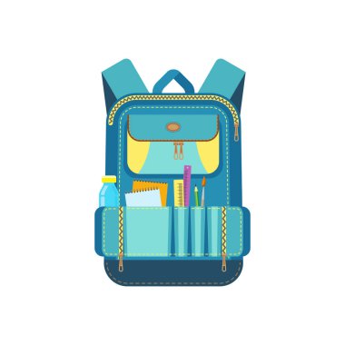 Rucksack with stationery items, bottle of water, notebooks and rulers, pencil and brush. Vector back to school item, education and study bag, schoolbag backpack. School supplies in blue bag for boy