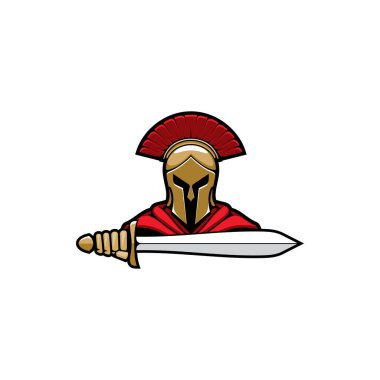 Soldier in helmet with mohawk, roman empire or greece warrior isolated man head portrait with sword. Vector legendary sparta hero, trojan fighter armored hoplite in red cloak. Mythology legionnaire