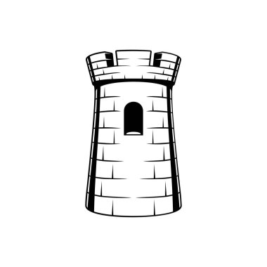 Ancient brick tower isolated castle fortress monochrome icon. Vector turret with rampart window, round construction to defence kingdom, security castle. Royal building, medieval fort, chess tower