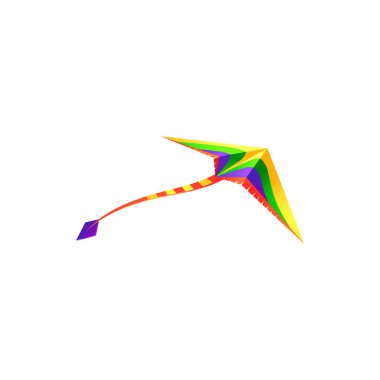 Cartoon kite isolated vector icon. Colorful flying kids toy in shape of bird or airplane with bright long tail, rainbow kite flight isolated on white background