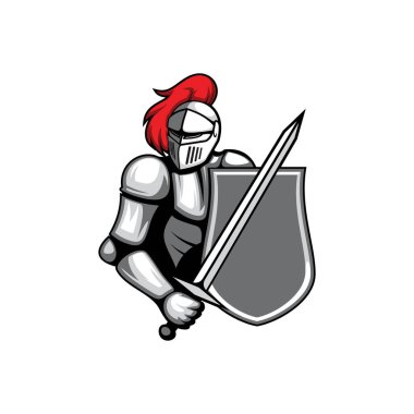 Knight in armour metal protection, warrior with sword, shield, helmet with red feathers isolated warrior. Vector retro medieval hero in heavy metal costume with breastplate, head mask, armor statue