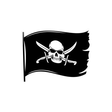 Pirate flag with skull and crossed sabers vector icon, waving black torn banner with jolly roger on pole isolated on white background. Filibusters ensign with skeleton and swords, piracy symbol