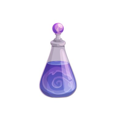 Potion bottle vector icon, magic elixir in glass flask with vortex in purple liquid. Witch poison, alchemy object. Cartoon design element for magic game isolated on white background