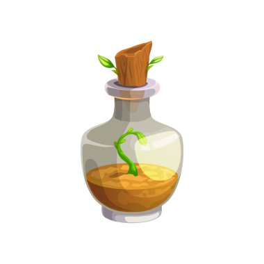 Potion bottle vector icon, magic elixir in glass flask with growing sprout inside and wooden bung with leaves. Cartoon witch poison, alchemy object, design element isolated on white background