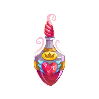 Love potion bottle vector icon, magic elixir in glass flask with winged heart and crown. Cartoon design element, witch poison, alchemy object isolated on white background