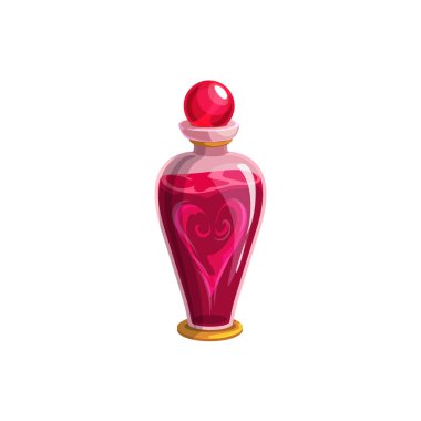 Love potion in glass bottle, Valentine day and wedding RSVP party symbol. Vector isolated magic love potion with heart