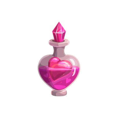 Love potion in bottle vial, Valentine day and wedding party symbol. Vector heart floating in pink magic love potion or prefume with crystal jewel cap