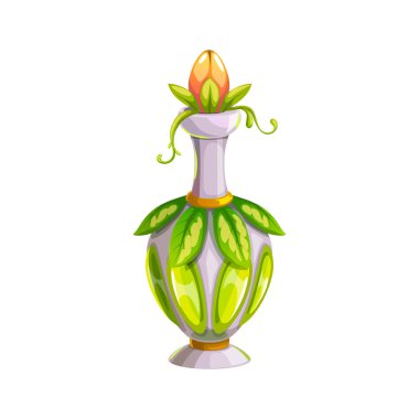 Potion bottle vector icon, glass flask with magic elixir, green leaves and flower bud bung. Nature witch poison, cartoon element for magic game isolated on white background