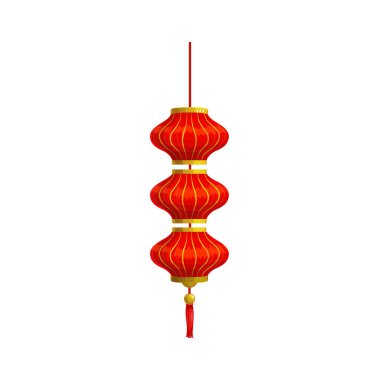 Oriental culture paper lamp, lunar holiday hanging three level lantern with tassels isolated icon. Vector Chinese new Year spring festival decoration, circular CNY lamp prosperity and wealth symbol