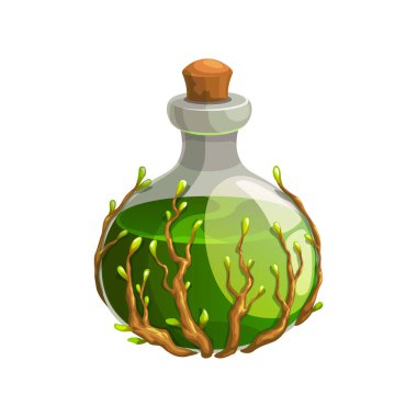 Potion bottle vector icon, green magic elixir in glass flask with tree branches, leaves and wooden bung. Witch poison, Cartoon alchemy object for magic game isolated on white background