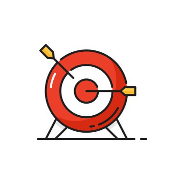 Business goals color outline icon with arrows in target. Business competition win, targeting customers thin line vector pictogram. Hitting target, achieving goals outline symbol with arrow in bullseye
