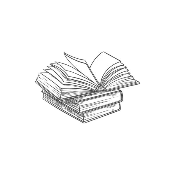 Куча Книг Открытый Учебник Изолированный Эскиз Векторная Литература Твердом Переплете — стоковый вектор