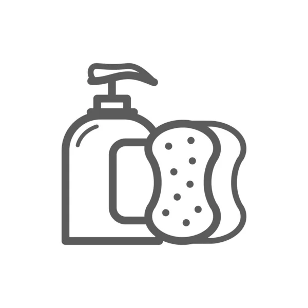 Dishwashing Liquid Bottle Washing Sponge Vector Thin Line Icon Kitchen — ストックベクタ