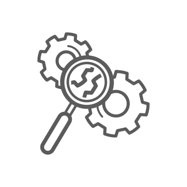 Magnifying Glass Looking Gears Isolated Outline Icons Vector Line Art — Vector de stock