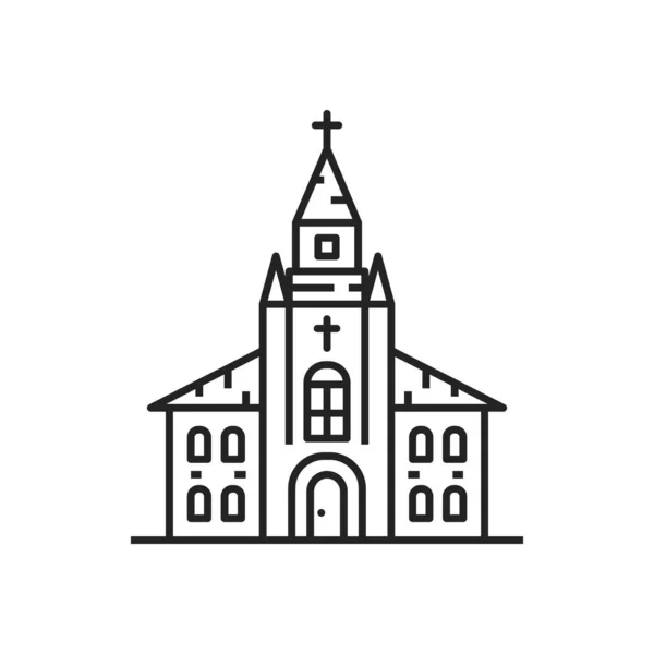 Церковь Башней Изолированной Религии Здания Тонкой Линии Икона Векторная Католическая — стоковый вектор