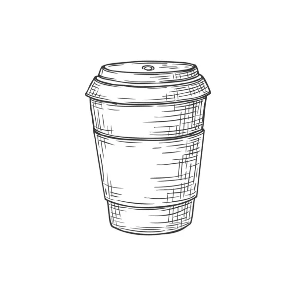 Кофейная Чашка Крышкой Изолированной Вынос Напитки Пакет Монохромный Эскиз Значок — стоковый вектор