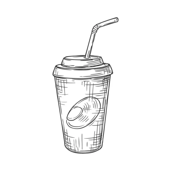 Takeaway Cola Drink Cup Lid Straw Isolated Monochrome Sketch Icon — Stockvektor